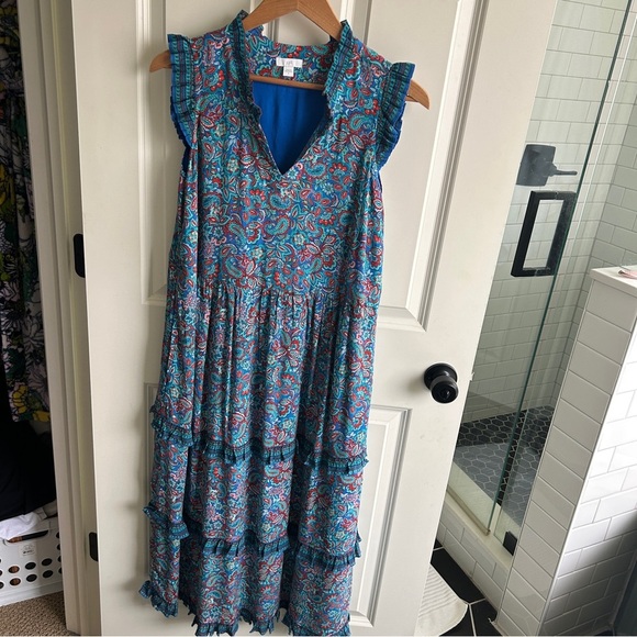 EUC J Jill blue/teal paisley dress. Size Small. Ruffles. Lightweight and flowy - Picture 6 of 12